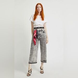 Oblique Creations Acid Wash Grey Denim 100% Cotton Crop Wide Leg Jeans -L-